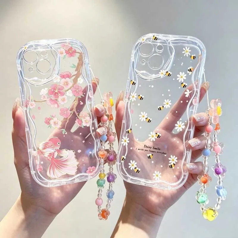 Cute Cartoon Wrist Strap Silicone Case - Niedliche Handyhülle mit Blumen- und Bienenmotiv